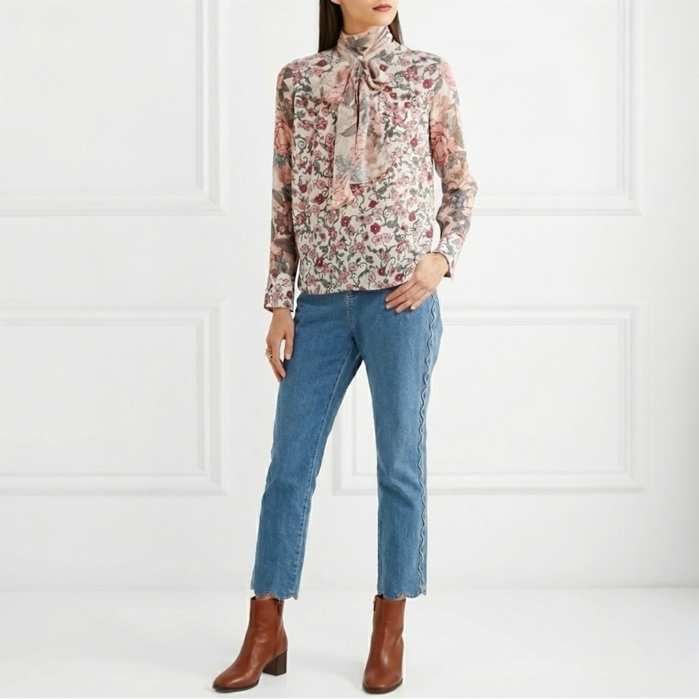 See By Chloe Floral Silk Chiffon Georgette Tie Neck Blouse Size EU 44 / US 10